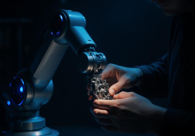 精密なロボットアームと職人の手が交差するイメージ