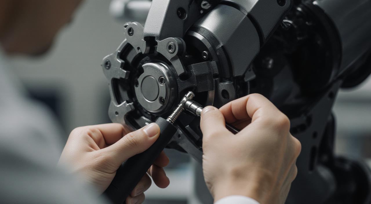 技術者がロボットのセンサー部を調整するクローズアップ